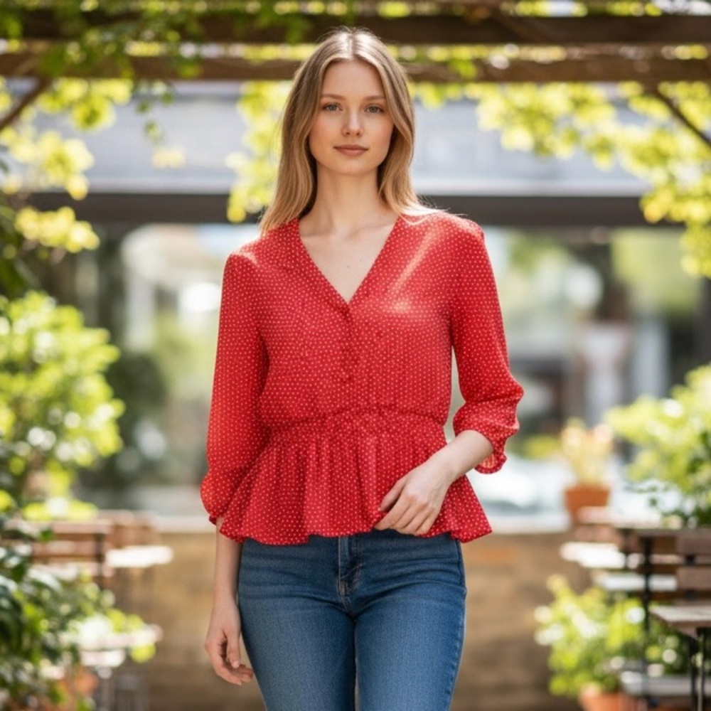Banana Republic Red Polka Dot Peplum Blouse XS V Neck 3/4 Sleeve
